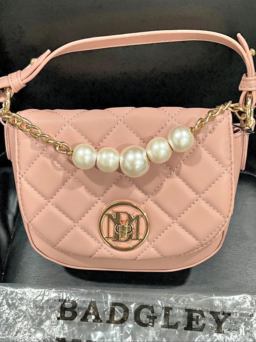 Badgley Mischka Mini Flap Quilted Handbag with Pearl Handle Pink